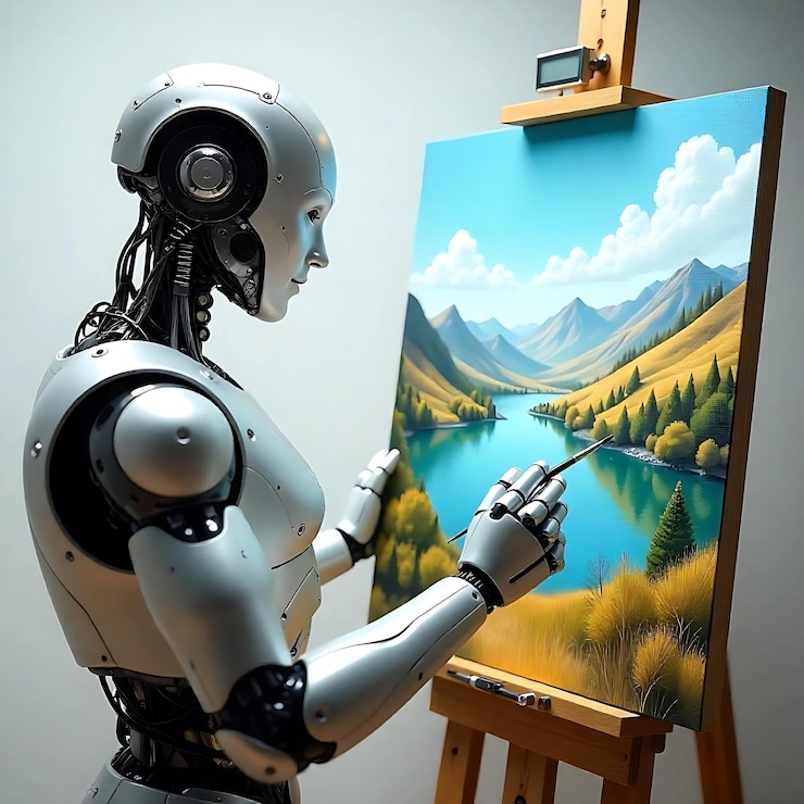 Photo 人形ロボット画家が伝統的な油絵で美しい風景を描いています