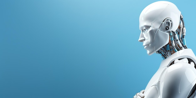 A humanoid robot on a blue background Banner place for text