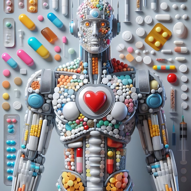 Photo humanoid robot created with medicinal pills as a concept against drug abuse