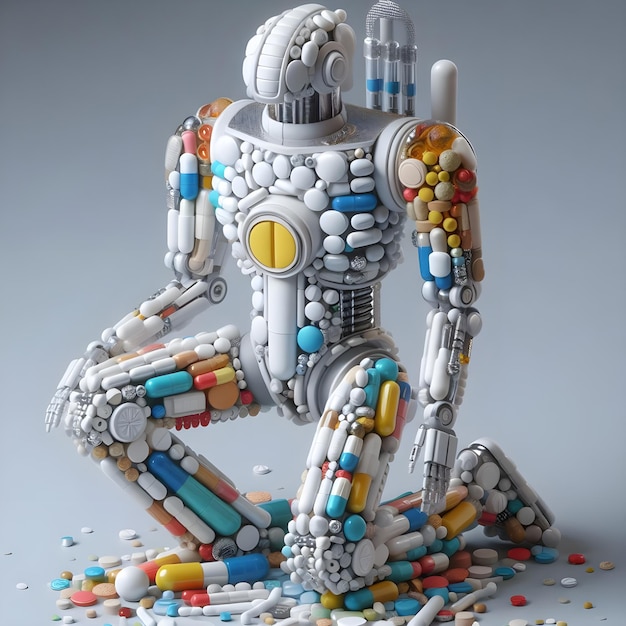 Photo humanoid robot created with medicinal pills as a concept against drug abuse