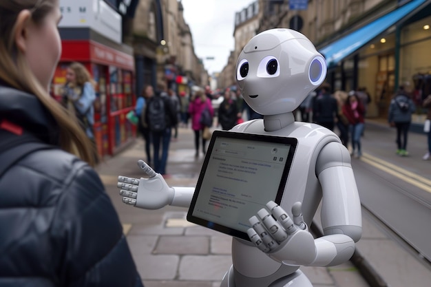 Photo a humanoid robot doing interviews with people on the street