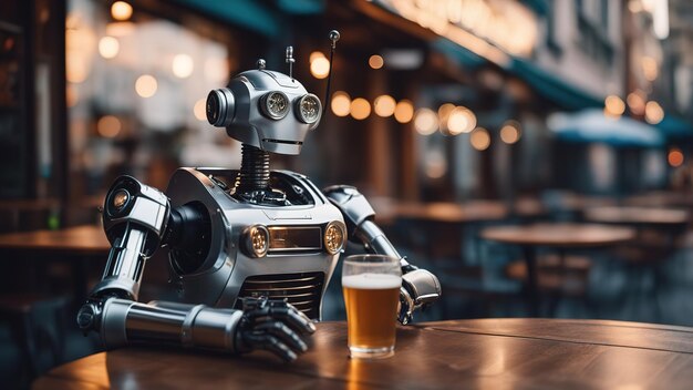 写真 ストリートカフェでビールを飲むヒューマノイドロボット