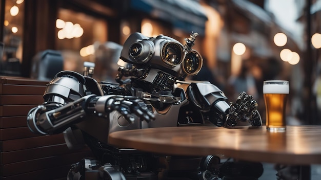 Гуманоидный робот пьет пиво в уличном кафе