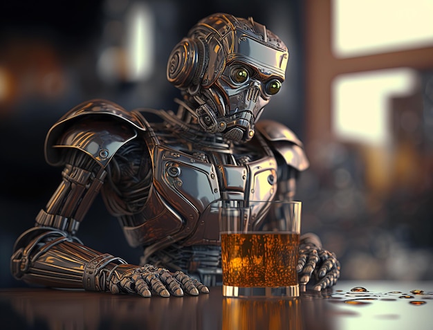 Humanoid robot enjoying whiskey in a bar