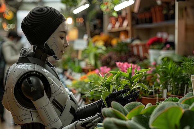 Humanoid robot gardener working in a nursery serving the human public buying plants