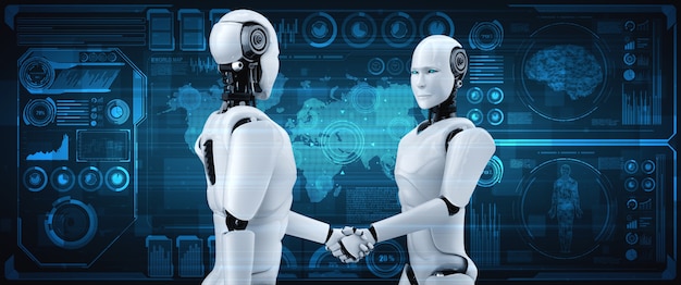 Humanoid robot handshake to collaborate future technology development by AI thinking brain