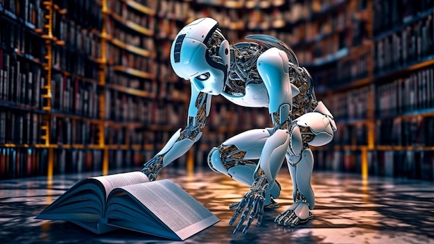 Photo humanoid robot immersed in engrossed in studying book at library generative ai