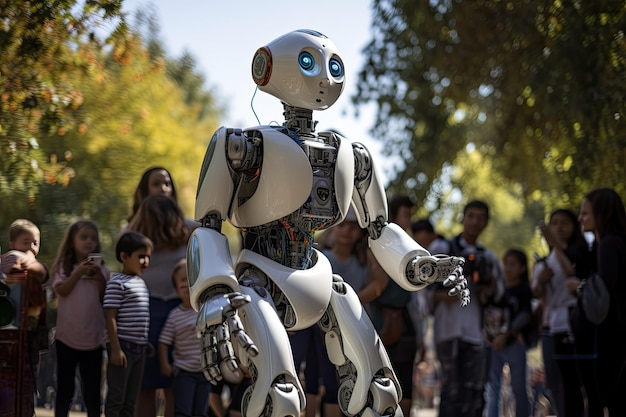 Робот-гуманоид взаимодействует с детьми в оживленном парке, символизирующем потенциал ИИ.