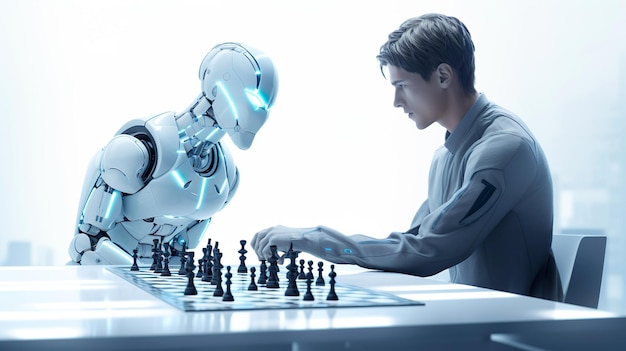 Humanoid robot is playing chess with man artificial intelligence concept