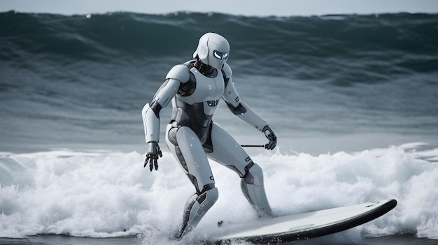 Humanoid robot is surfing in the sea generative ai