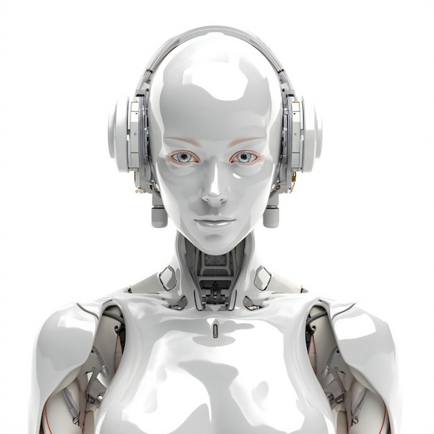 Humanoid robot listening to music with headphones on white background