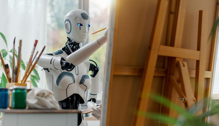 Photo humanoid robot painting on canvas