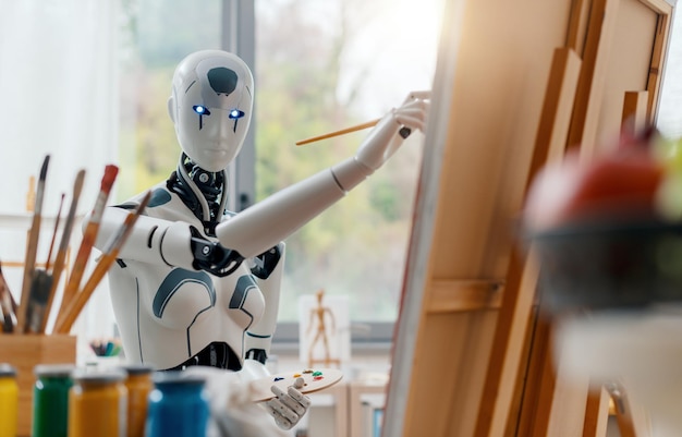 人形ロボットがキャンバスに描かれている