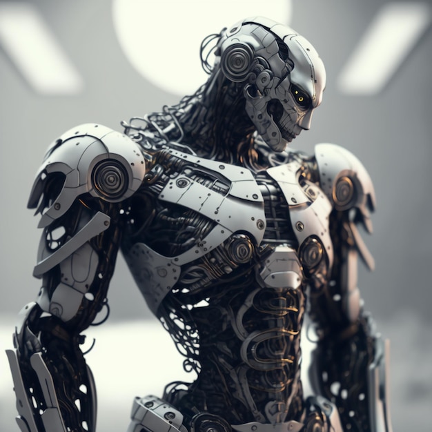 Humanoid robot side view. Detailed photo of android. Photorealistic illustration. AI generated. New