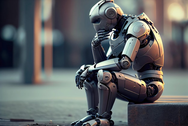 A humanoid robot sits contemplating on the side of a city street Technology and Artificial intelligence concept Generative AI