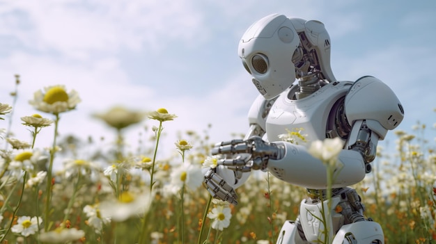 A humanoid robot smelling a white flowers in a flower field