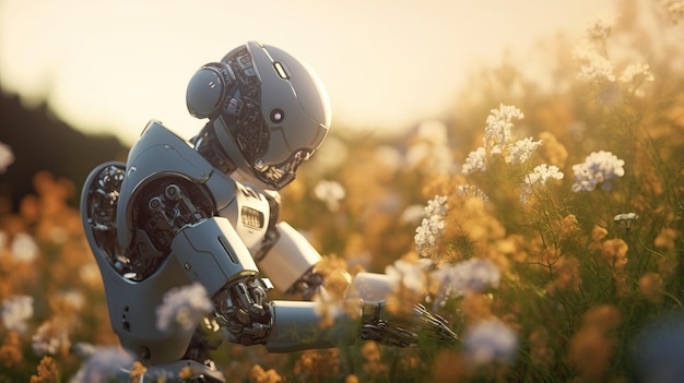 A humanoid robot smelling a white flowers in a flower field