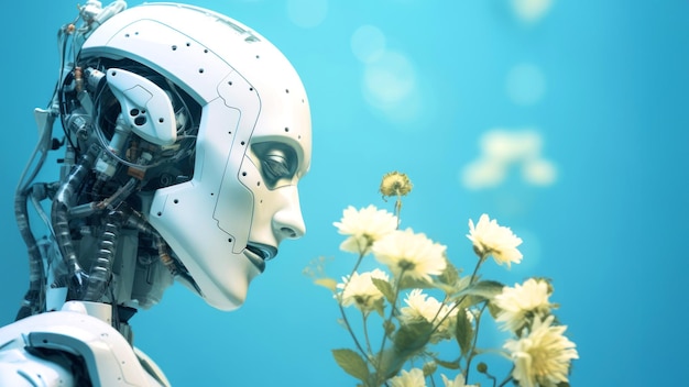 Humanoid robot smells flowers on blue background