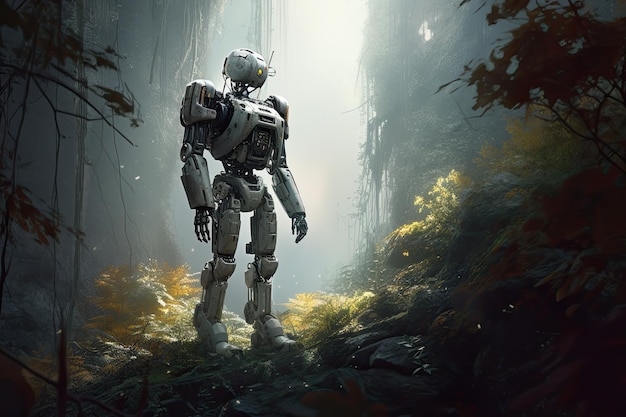 Humanoid robot standing in the middle of a forest with dramatic light