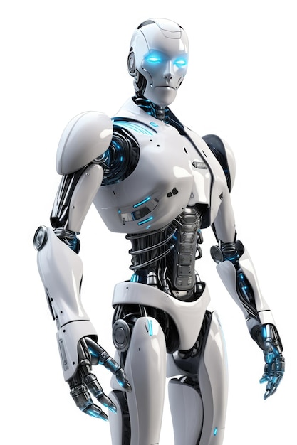 Робот-гуманоид стоит на резком белом фоне, генерирующий искусственный интеллект