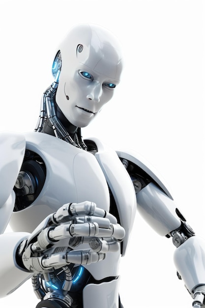 Humanoid robot stands against a stark white background Generative AI
