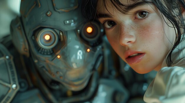 Photo a humanoid robot stands close to a woman both appearing to share an intimate moment