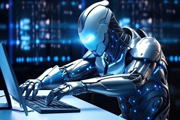 Humanoid robot typing on computer keyboard