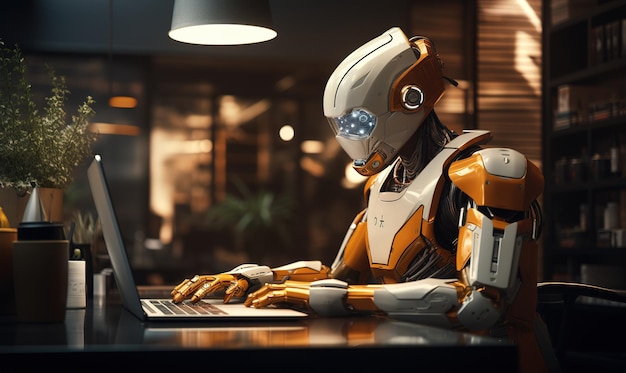 Гуманоидный робот использует ноутбук и сидит за столом, чтобы анализировать большие данные с помощью искусственного интеллекта