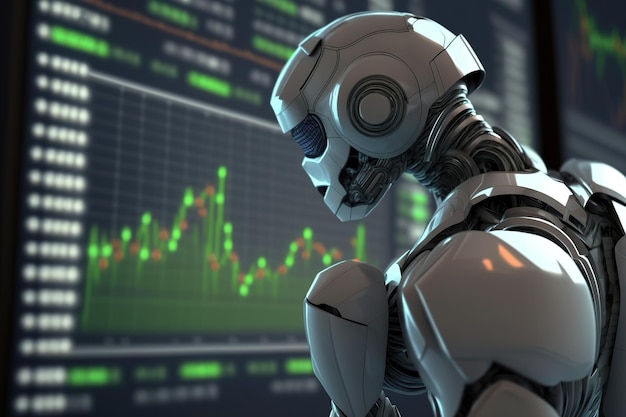 Humanoid robot using artificial intelligence to analyze stock market trading data Generative AI