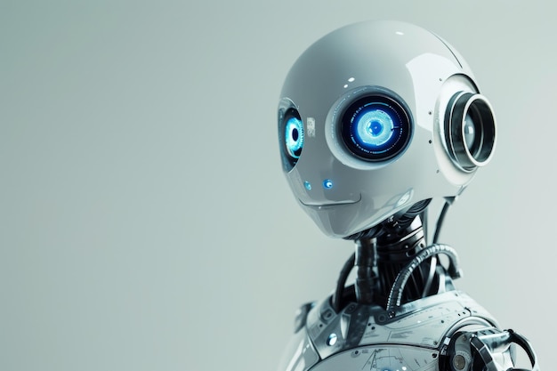 大きな青い目と麗なデザインのヒューマノイドロボットで人工知能とロボット工学の進歩を展示しています