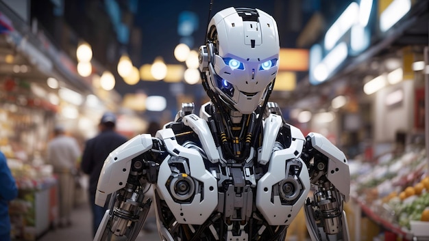 Гуманоидный робот с открытой механикой патрулирует рынок