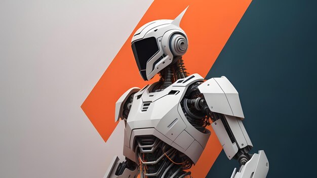 humanoid robot with helmet on grey and orange background generative ai