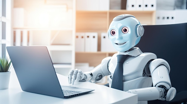Humanoid robot with tie working in an office