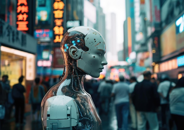 A humanoid robot with a translucent head revealing an advanced AI brain standing amidst a bustling