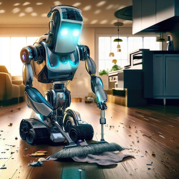 Photo humanoid robot with a vacuum cleaner doing domestic housework generated ai