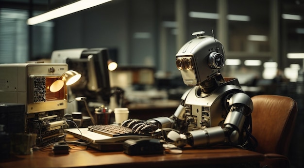 Foto un robot umanoide che lavora a una scrivania con un computer