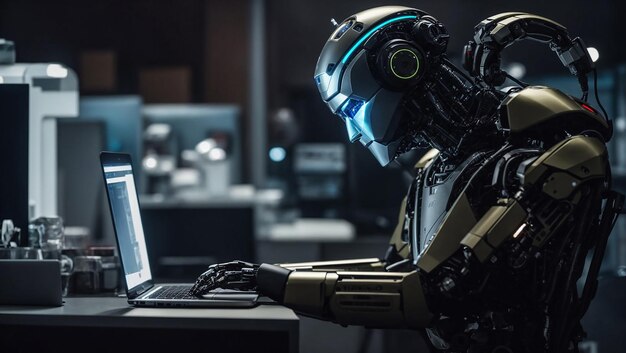 a humanoid robot working on a laptop