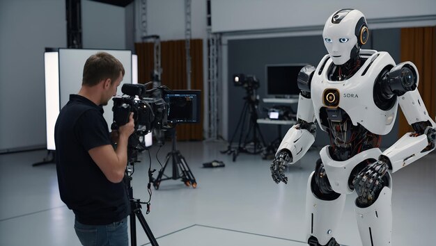 Humanoid robot working with Open Ai Sora a TexttoVideo AI Model in Videography