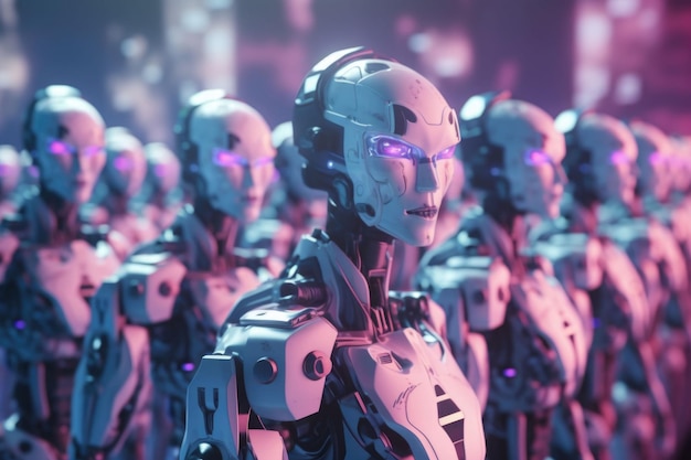 Humanoid robots army or group of cyborgs in factory Generative AI