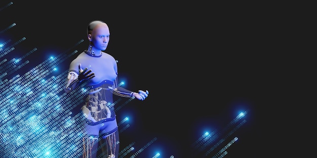 ヒューマノイドロボットとバイナリコードAIビッグデータ分析と人工知能の概念3D