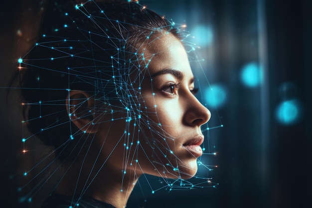 Humanoïde hoofd met scanlijnen en gezichtsherkenningstechnologie in actie Generatieve AI