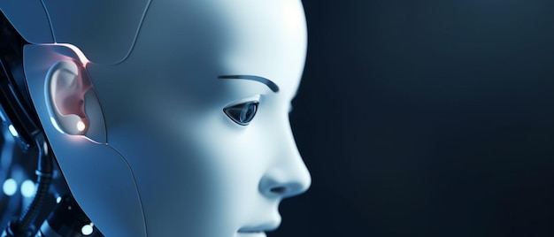 Humanoïde robot gezicht close-up futuristische moderne tech chatbot assistentie auto gesprek achtergrond