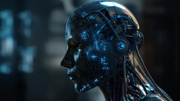 Humanoïde robot of cyborg met gloeiende lichten op zwarte achtergrondgeneratieve ai