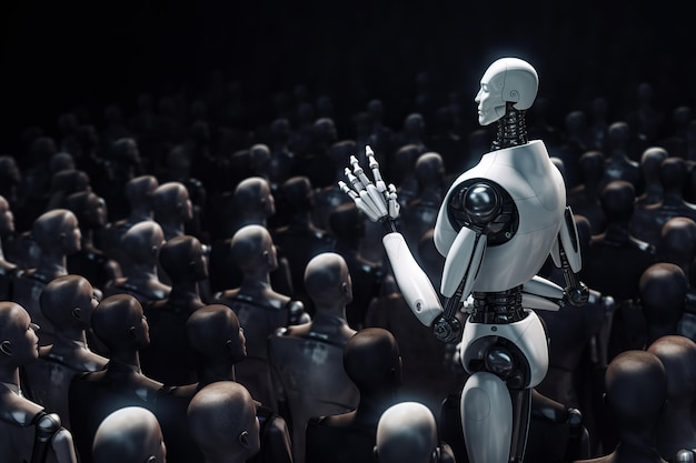 Humanoïde robot presteert vanaf podium voor publiek Toekomstige kunstmatige intelligentie