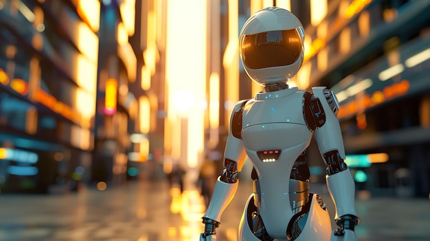 Humanoïde robot slanke ontwerp leven in een utopische samenleving gerund door AI wandelen door een bruisend futuristisch stadsbeeld geen extreem weer 3D rendering gouden uur verlichting effect panoramische uitzicht
