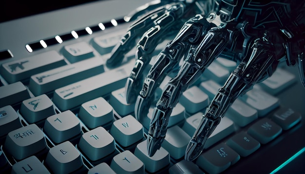 Humanoïde robothanden typen op een computertoetsenbord