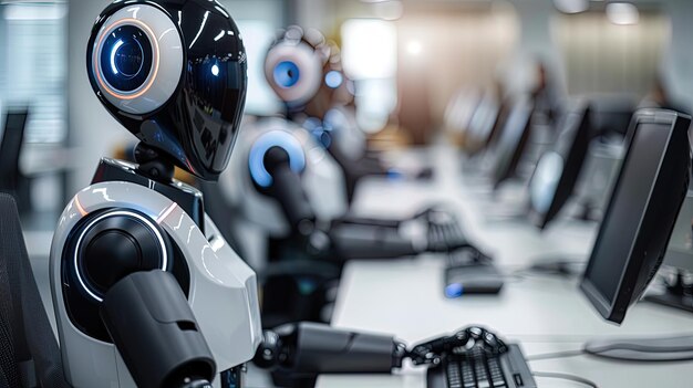 Humanoïde robots met een computer toetsenbord Callcenter met dezelfde robot assistenten