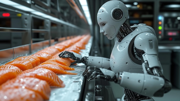 Foto humanoïde robotwinkels voor verse zalmfilet bij een vissupermarkt