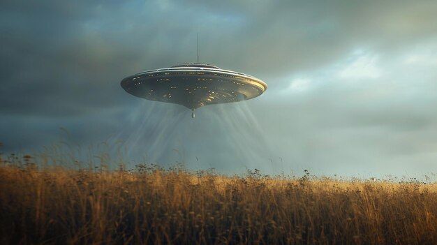 Foto humanoïde ruimteschip ziet ufo's onbeweeglijk in de lucht.