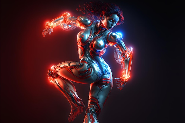 Humanoïde vrouwelijke android met metalen pak staande in een zelfverzekerde pose blauwe en paarse kleurtinten Neuraal netwerk gegenereerde kunst